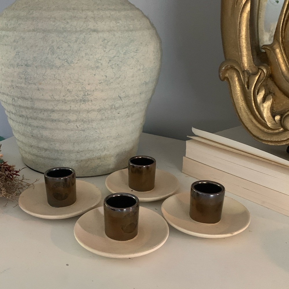 Set of 4 two‎ tones candle holders round MCM ceramic bohemian home decor